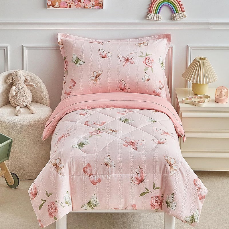 DuShow Pink Butterfly Toddler Bedding Set for Girls,4 Pieces Toddler Bed Set,Seersucker Toddler Comforter Set,Includes Comforter,Flat Sheet,Fitted Sheet and Pillowcase - Image 1